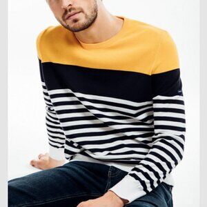 NWT Saint James Navy Yellow Stripe Long Sleeve Cotton Crew Pullover Sweater LG